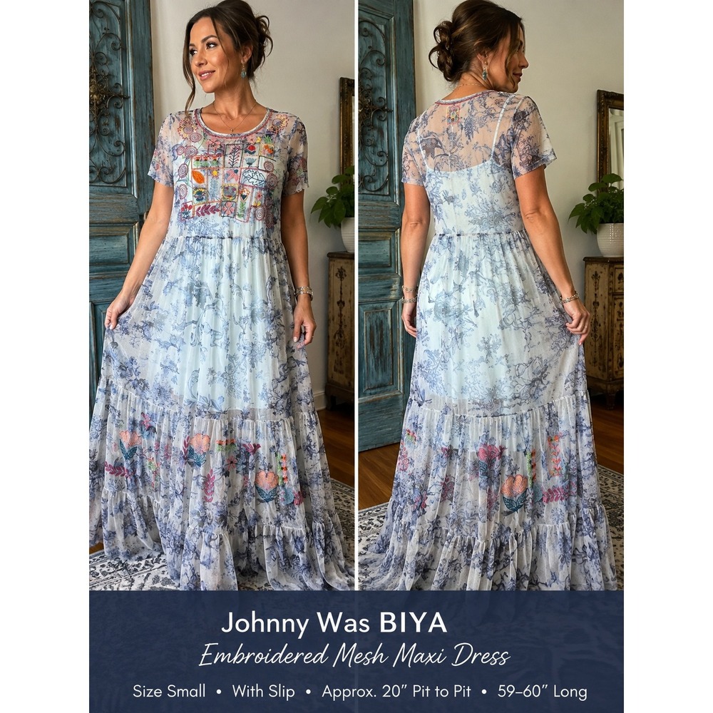 Johnny Was Maxi Dress BIYA Embroidered Mesh Floral Boho Blue Small